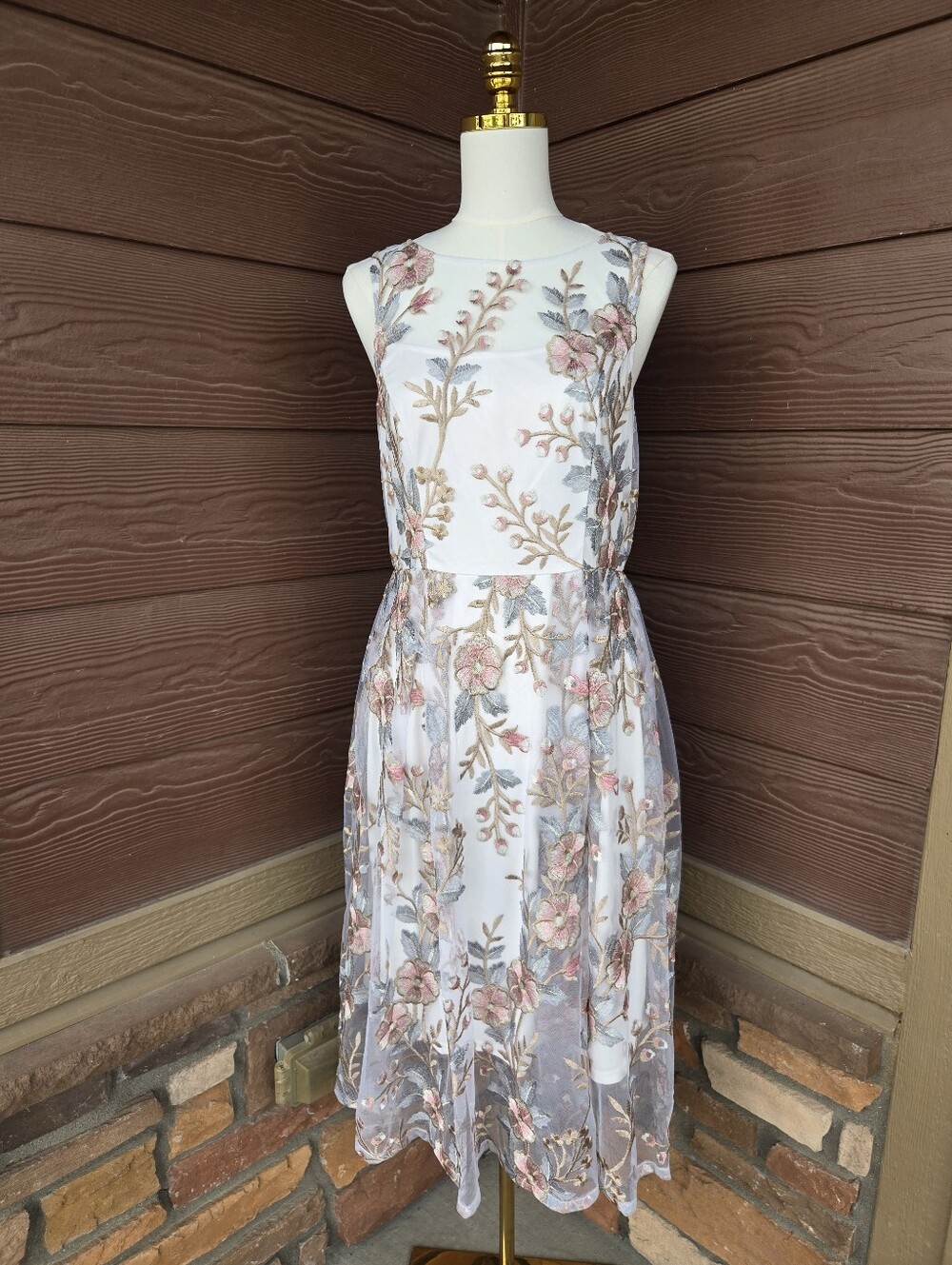 Adrianna Papell Illusion Sleeveless Floral Embroidered Midi Dress Women’s Size 8 - Picture 16 of 16
